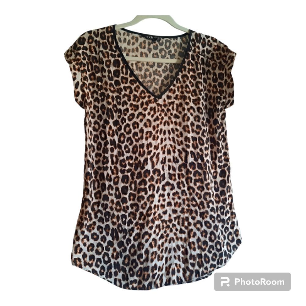 Express Leopard Print Silky Satin Short Cuffed Sleeve Top